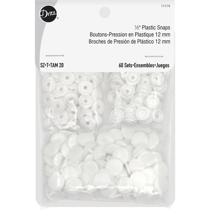 1/2" Plastic Snaps, White, 60 Sets