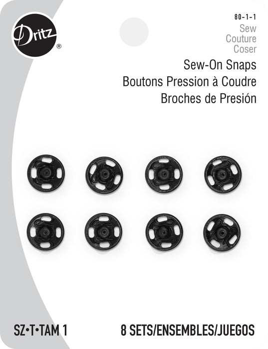 Sew-On Snaps, 8 Sets, Size 1, Black