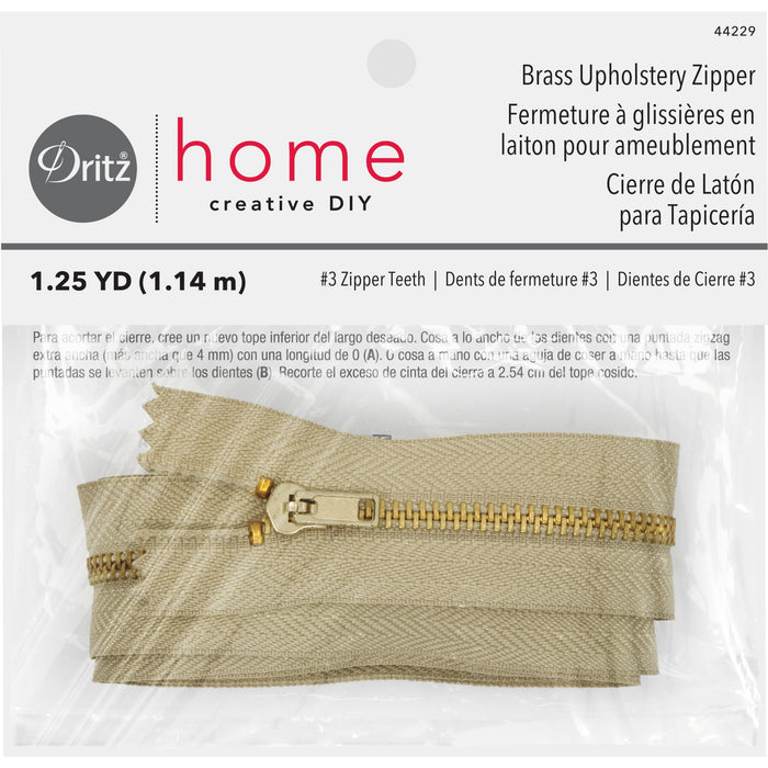 Brass Upholstery Zipper, Beige, 1-1/4 yd
