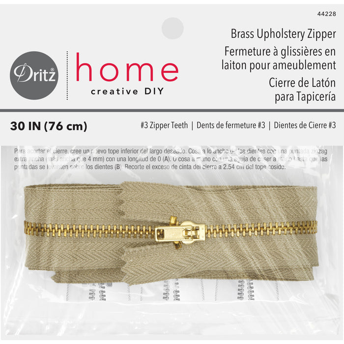 Brass Upholstery Zipper, Beige, 30"