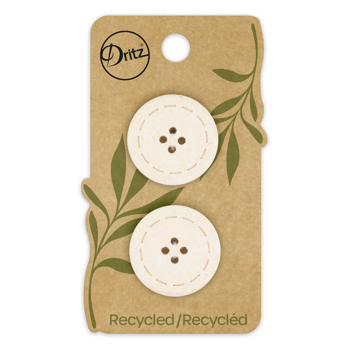 Recycled Cotton Round Stitch Button, 25mm, Natural, 2 pc