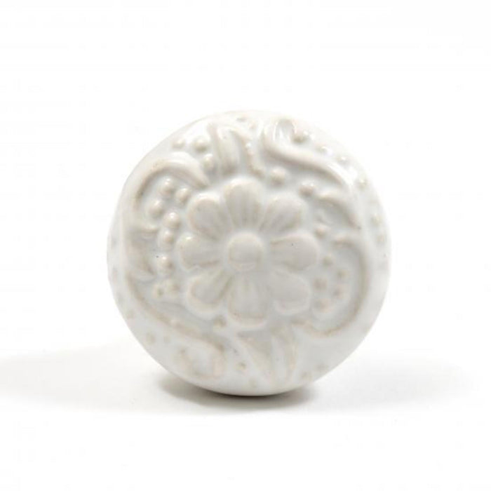 Embossed Ceramic Flower Knob, White