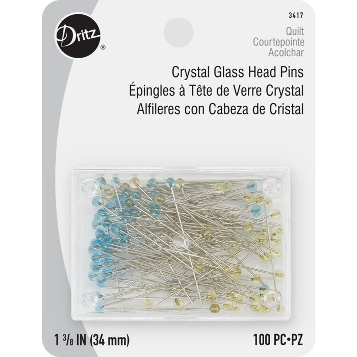 Crystal Glass Head Pins, Blue & Yellow, 100 pc, 1-3/8"