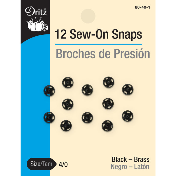 Sew-On Snaps, 12 Sets, Size 4/0, Black
