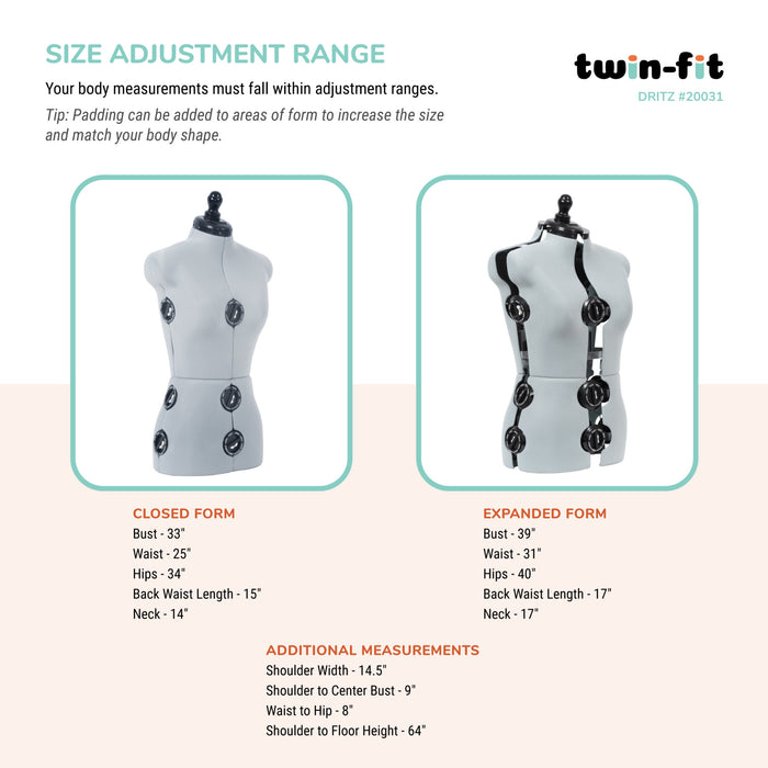Twin-Fit Adjustable Dress Form, Small