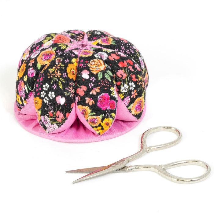 Pin Cushion with Scissors, Black Floral