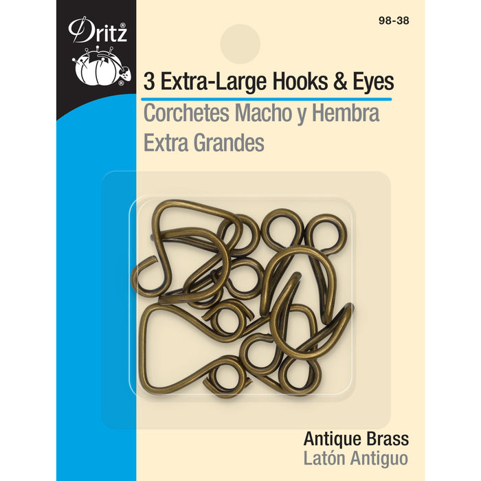 Extra-Large Hooks & Eyes, 3 Sets, Antique Brass
