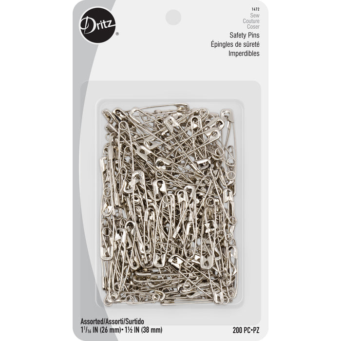 Safety Pins, Assorted Sizes, Nickel, 200 pc