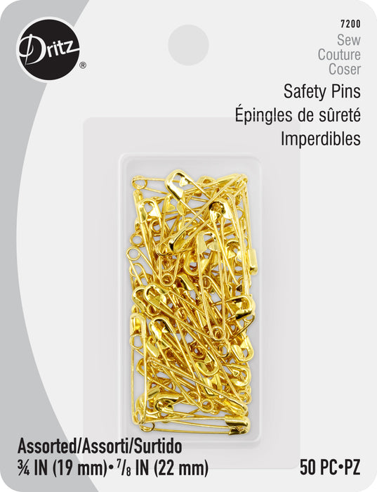 Safety Pins, Assorted Sizes, Gilt, 50 pc