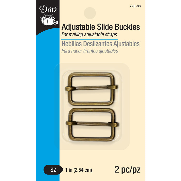 1" Adjustable Slide Buckles, Antique Brass, 2 pc