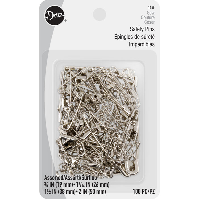 Safety Pins, Assorted Sizes, Nickel, 100 pc
