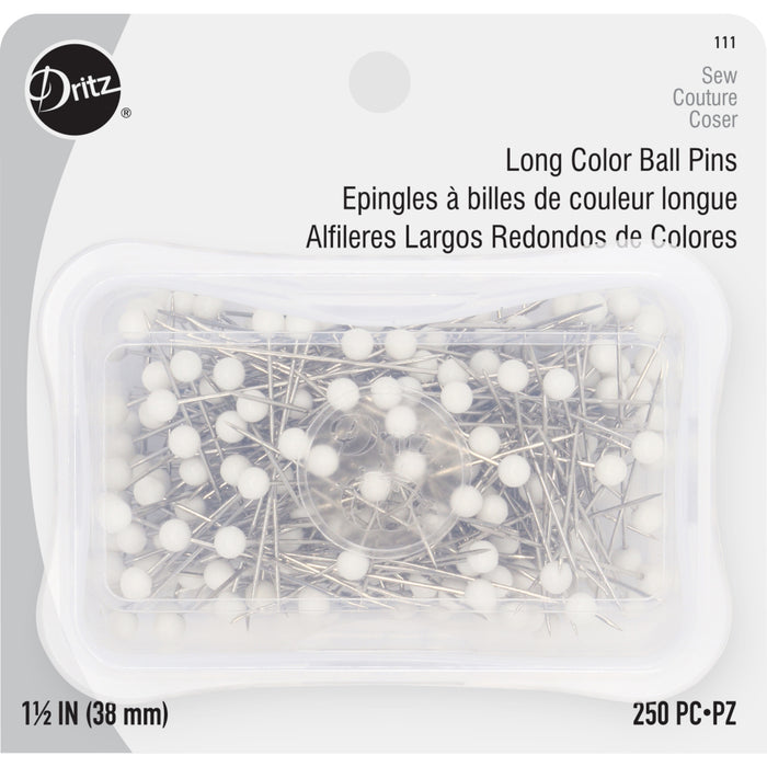 1-1/2" Long Color Ball Pins, White, 250 pc