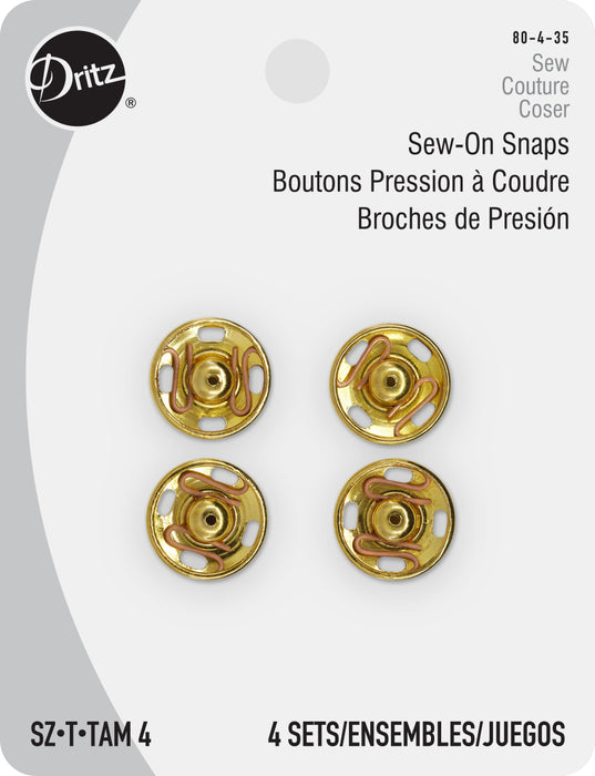 Sew-On Snaps, 4 Sets, Size 4, Gold