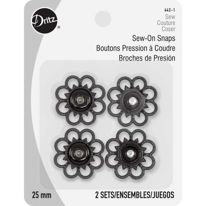 Sew-On Snaps, 2 Sets, Size 25mm, Black